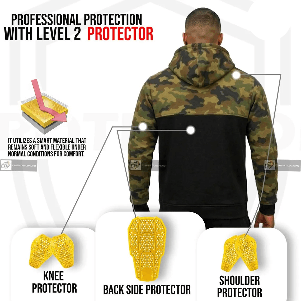 Camo Black Kevlar Motorcycle Hoodie with Free Level 2 Back Protector