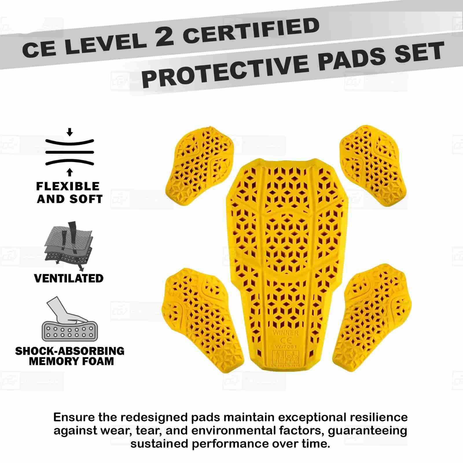 A set of five bright yellow protective pads with a honeycomb vented pattern, displayed on a white background with promotional text and feature icons for 'Flexible and Soft', 'Ventilated', and 'Shock-absorbing Memory Foam'.