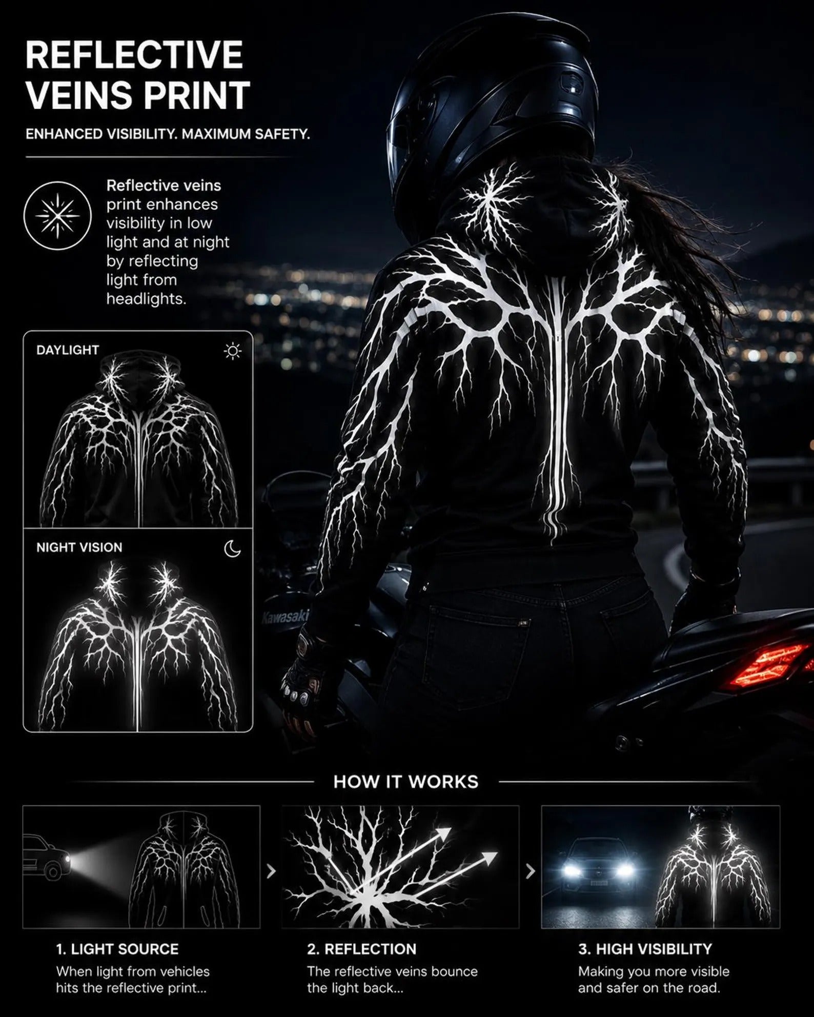 Kevlar-Lined Motorcycle Hoodie in Black with Reflected Printing