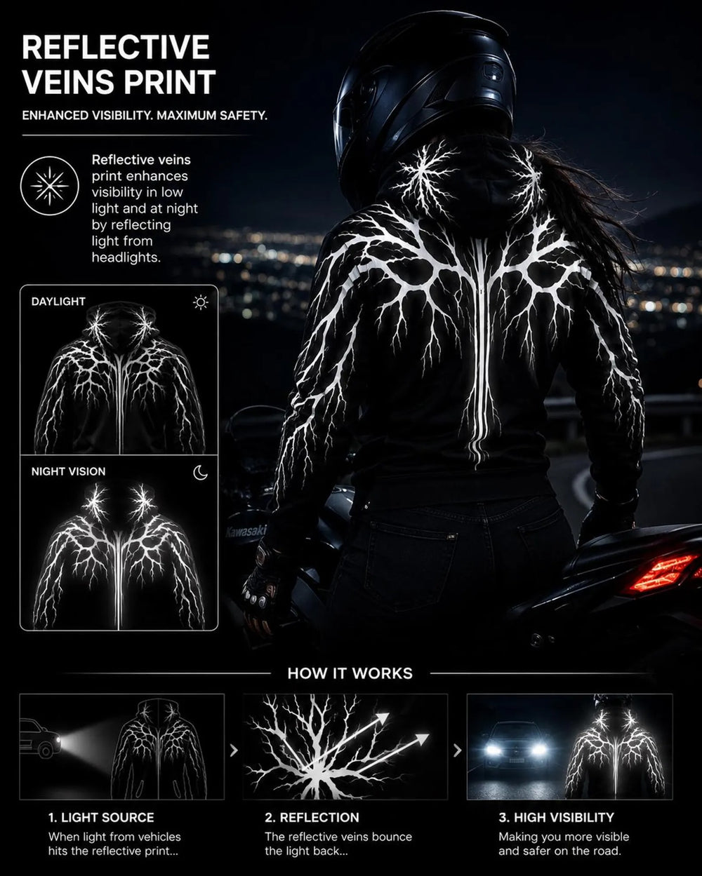 Kevlar-Lined Motorcycle Hoodie in Black with Reflected Printing