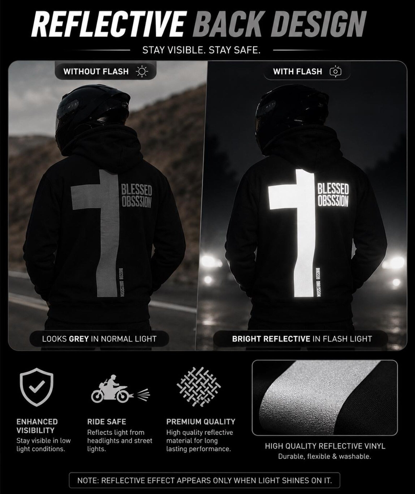 Men's Kevlar Motorcycle Hoodie in Black with Blessed Obsession Reflective