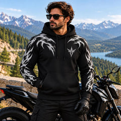 Tribal Predator Armored Motorcycle Hoodie with Reflective Silver Wing Pattern