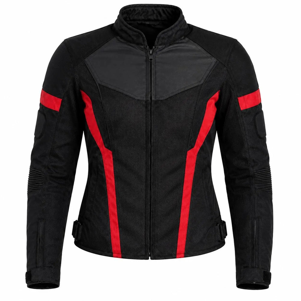 Women's Armored Motorcycle Mesh Jacket in Black &amp; Red with CE Level 2 Armor
