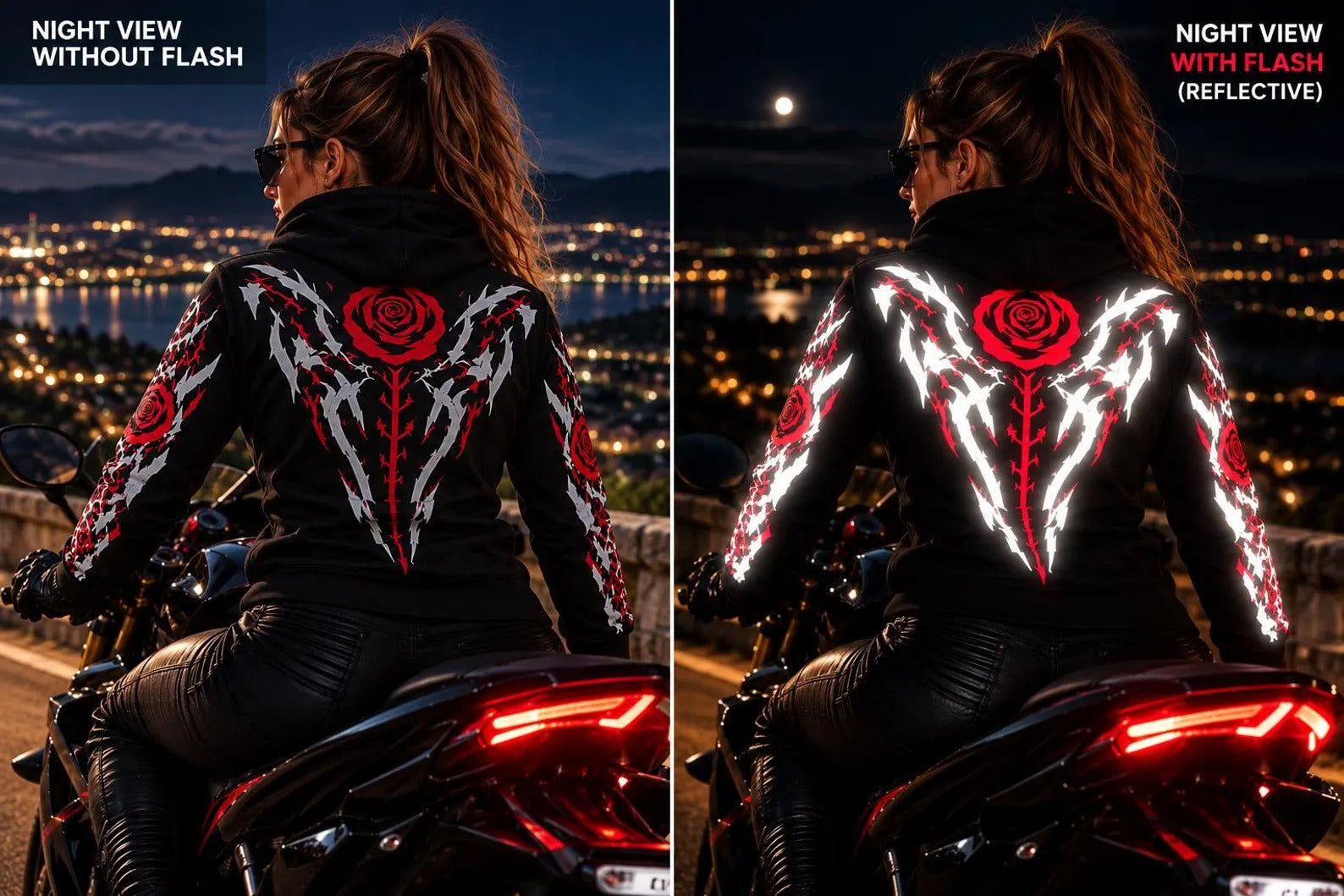 Armored Motorcycle Hoodie for Women in Rose Thorn with Reflective Silver Print