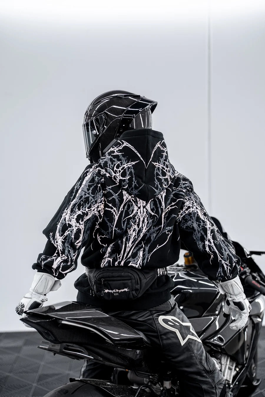 CE Level 2 Armored Reflective Motorcycle Hoodie in Black with White Thorn Print