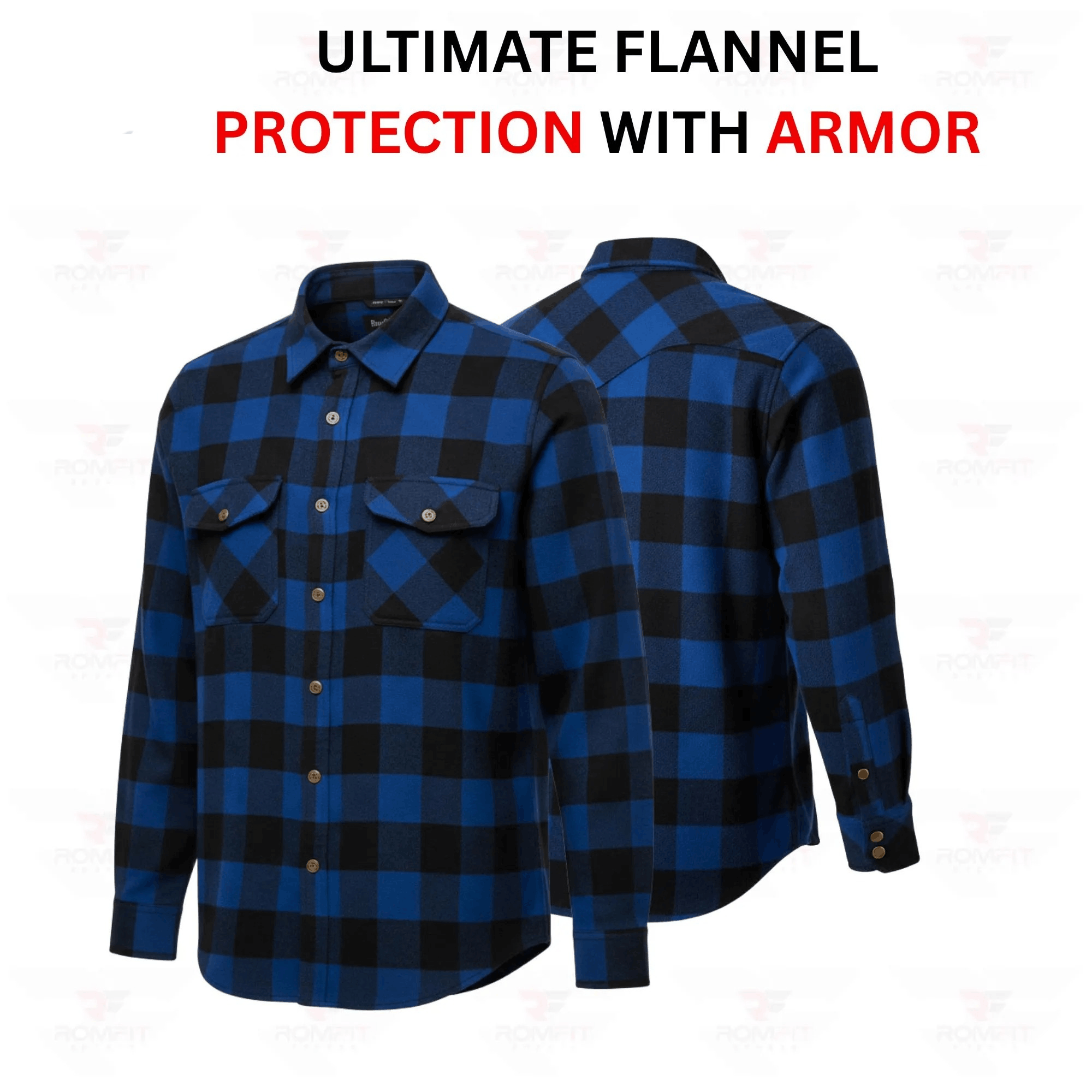 Men's Kevlar-Lined Flannel Motorcycle Riding Shirt in Blue with Armor
