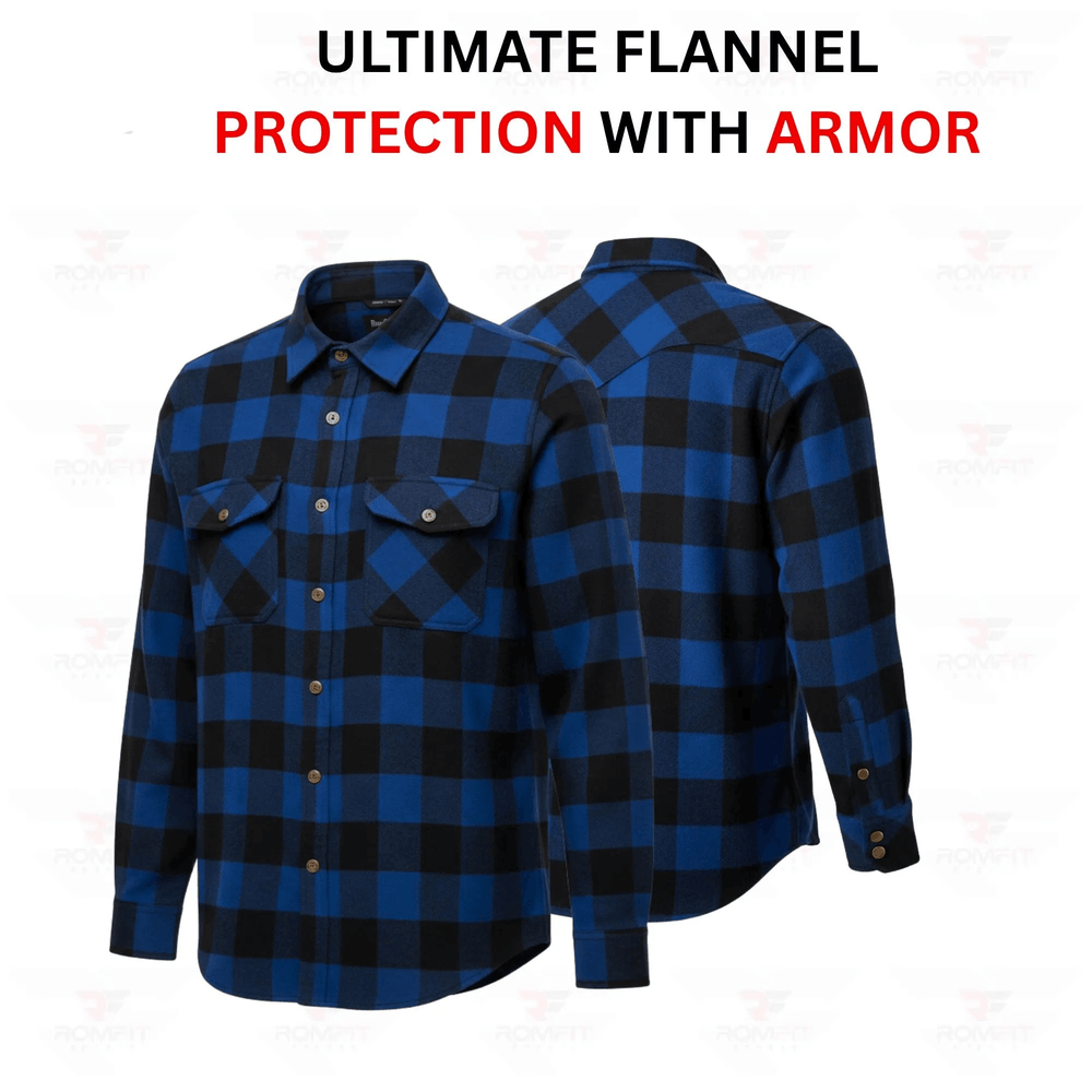 Men's Kevlar-Lined Flannel Motorcycle Riding Shirt in Blue with Armor