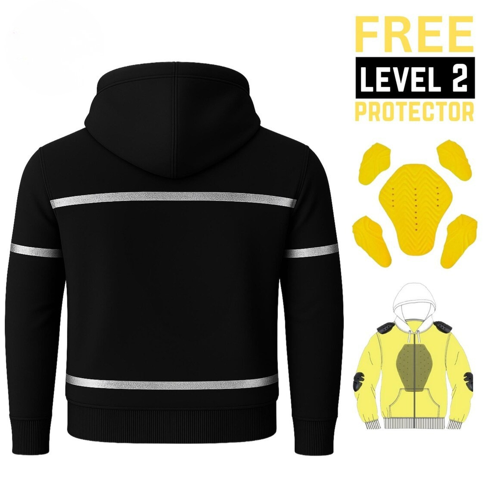 Kevlar Lined Pullover Motorcycle Hoodie in Black with Reflective Stripes