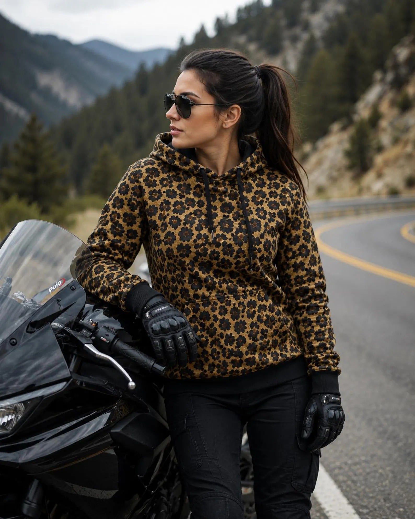 Kevlar Motorcycle Hoodie in Leopard Print with Protective Armour