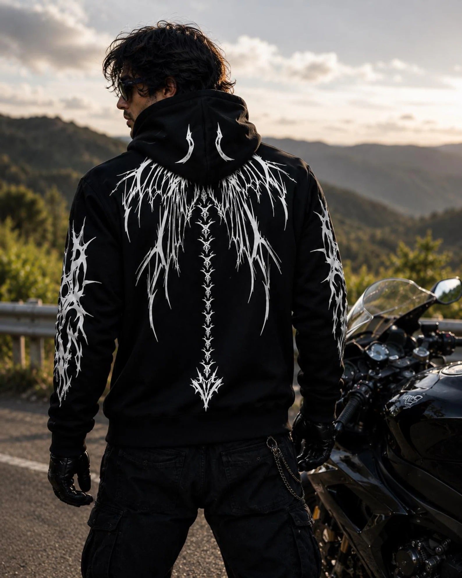 Men's Kevlar Motorcycle Hoodie in Black Dragon Wings Reflective