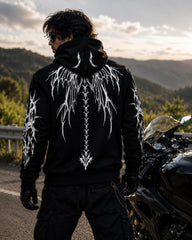 Men's Kevlar Motorcycle Hoodie in Black Dragon Wings Reflective