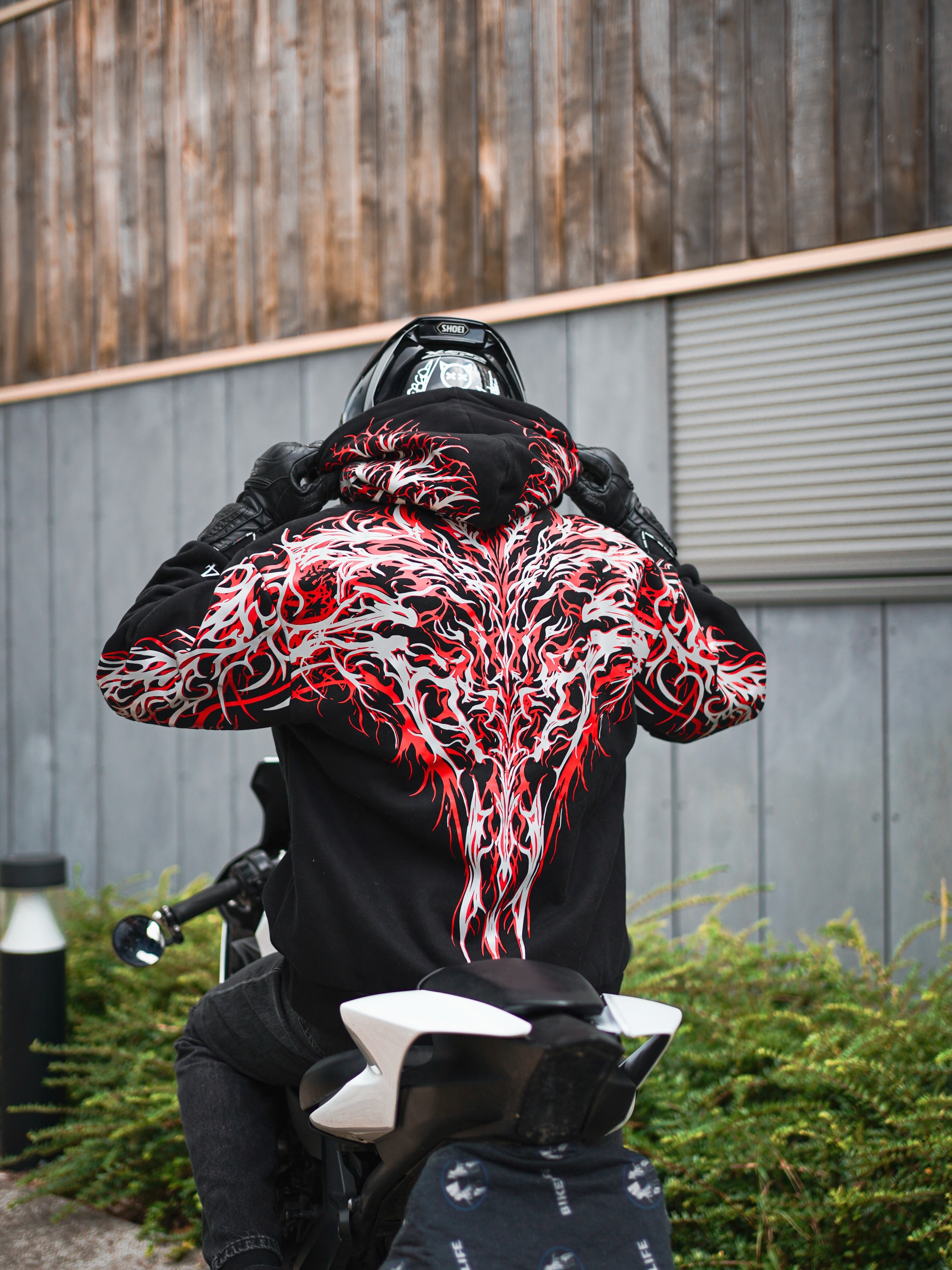Red and Gray Thorn CE Level 2 Armored Motorcycle Hoodie with Reflective Print