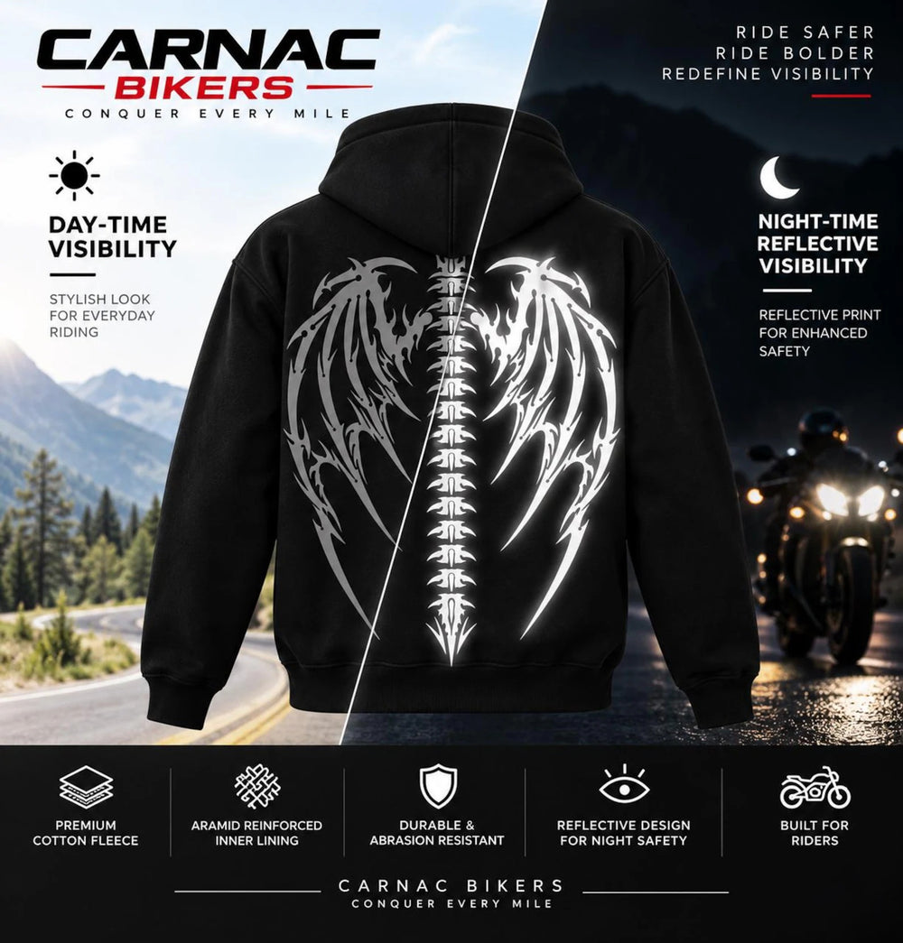 Shadow Wings Reflective Armored Motorcycle Hoodie in Black with CE Level 2 Protection