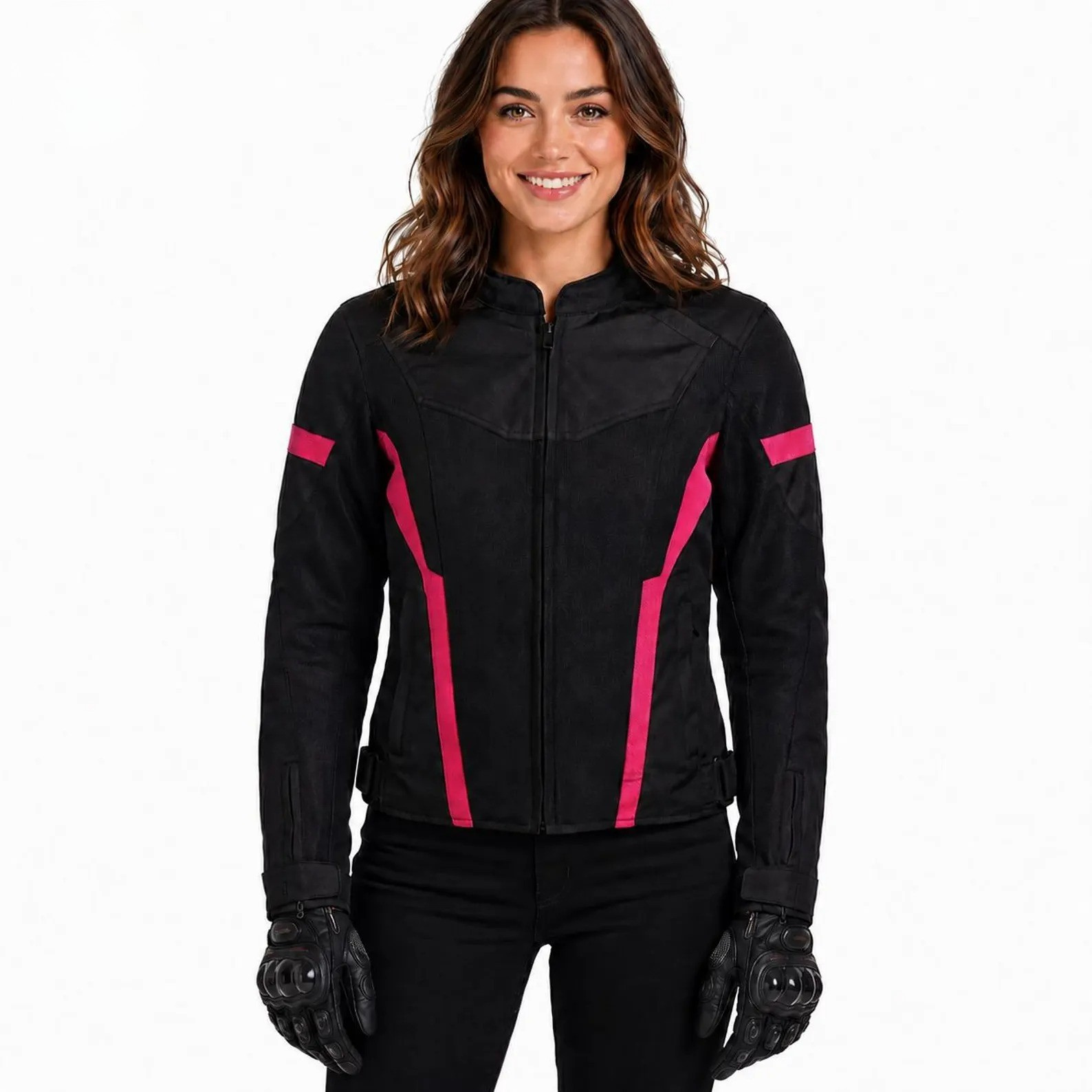 Women's Armored Motorcycle Mesh Jacket in Black & Pink with CE Level 2 Armor