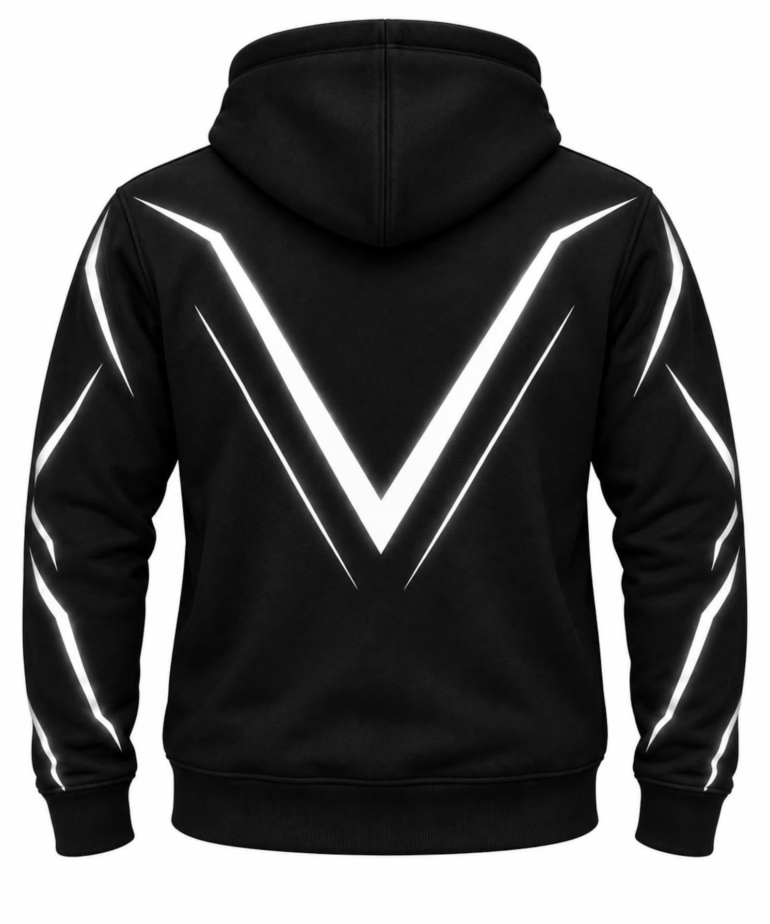 Black pullover hoodie shown from the back, featuring a large white V-shaped graphic on the back and smaller white angular stripes running down both sleeves.
