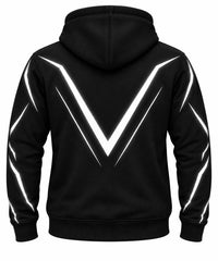 Black pullover hoodie shown from the back, featuring a large white V-shaped graphic on the back and smaller white angular stripes running down both sleeves.