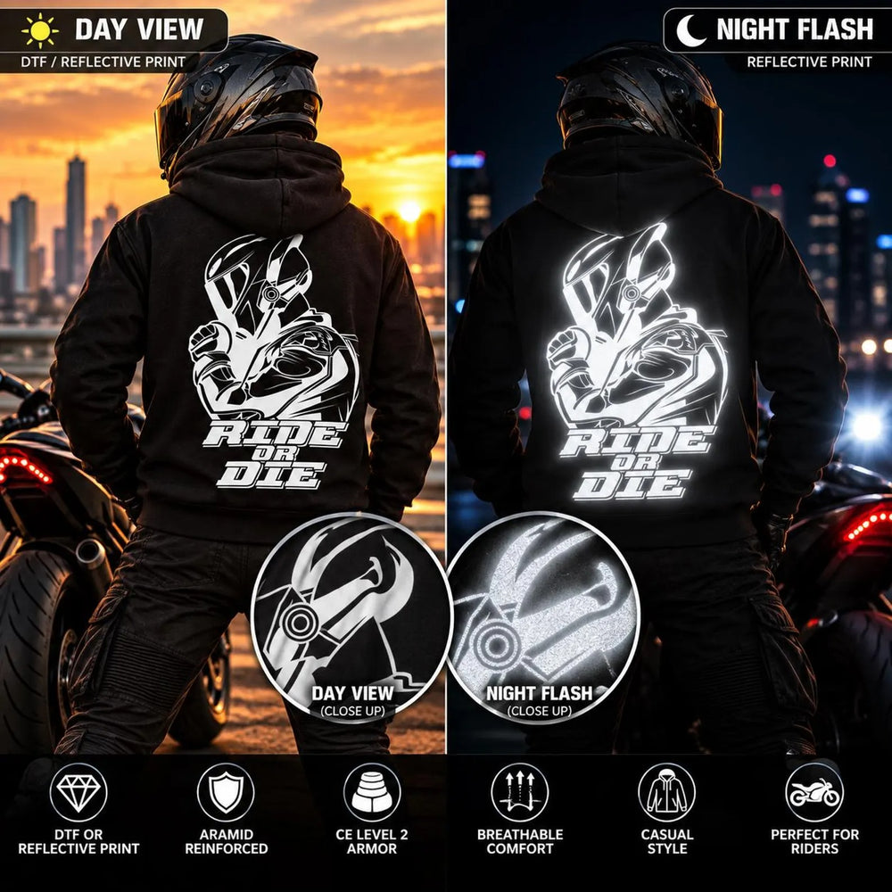 Armored Motorcycle Hoodie in Black with Ride or Die Reflective Print