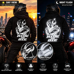 Armored Motorcycle Hoodie in Black with Ride or Die Reflective Print
