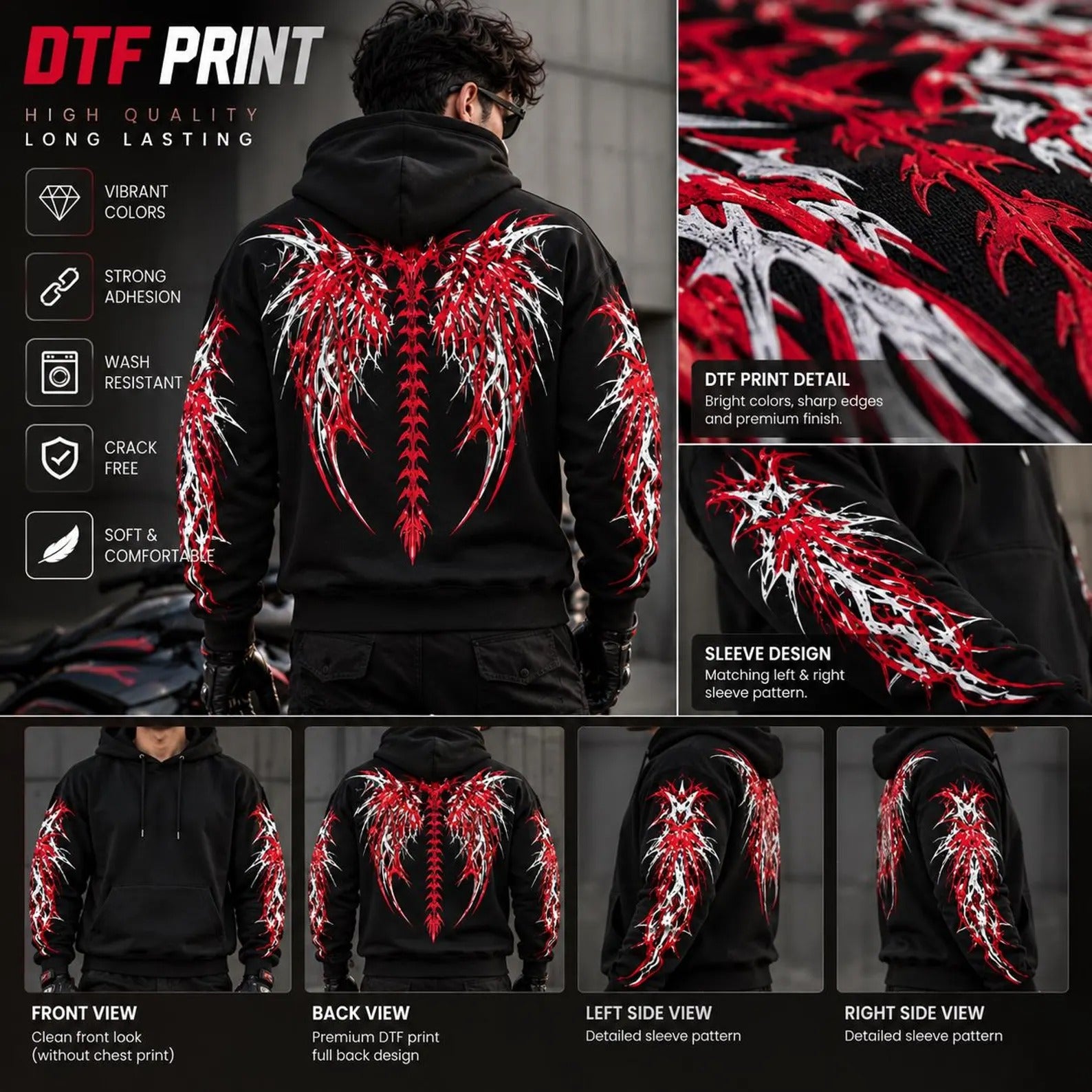Armored Motorcycle Hoodie in Red & Gray Gothic Wing Print with CE Level 2 Protection