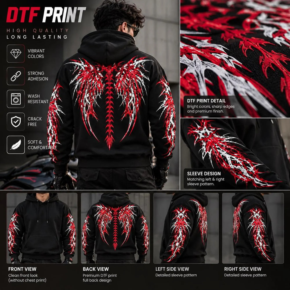Armored Motorcycle Hoodie in Red & Gray Gothic Wing Print with CE Level 2 Protection