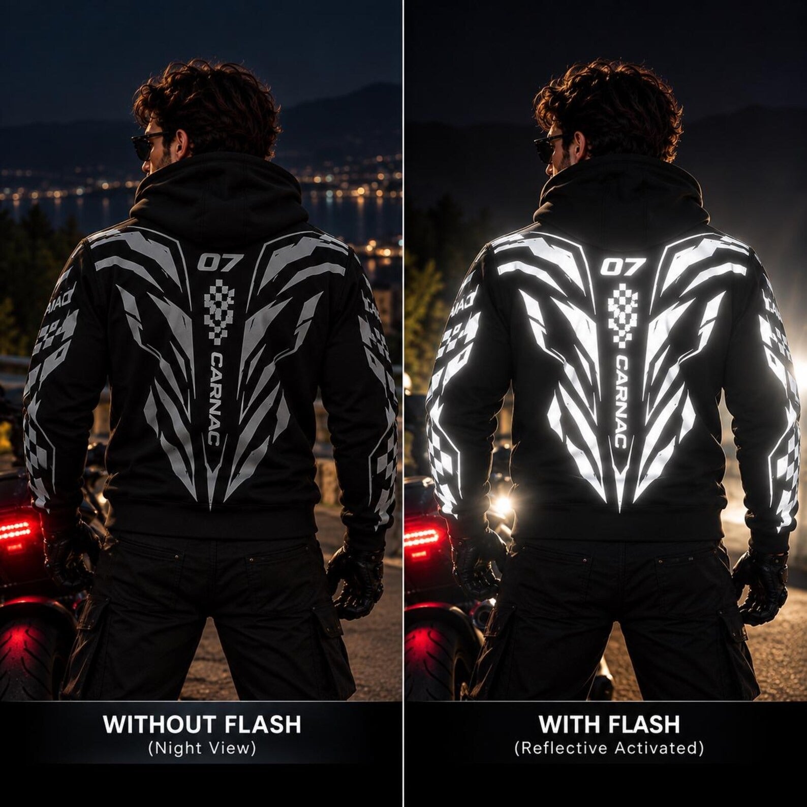 Armored Motorcycle Hoodie with Cyber Racing Reflective Silver Racing Pattern