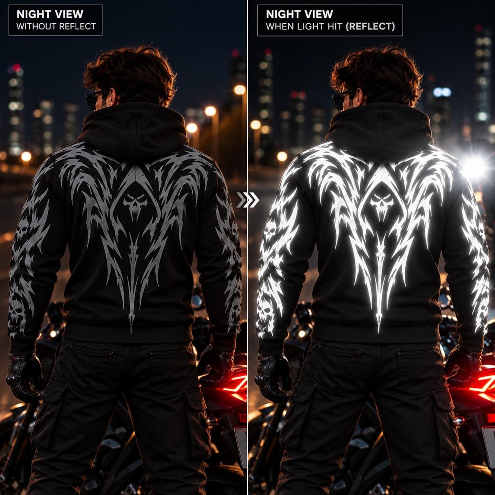 Armored Motorcycle Hoodie with Night Reaper Reflective Silver Skull Pattern