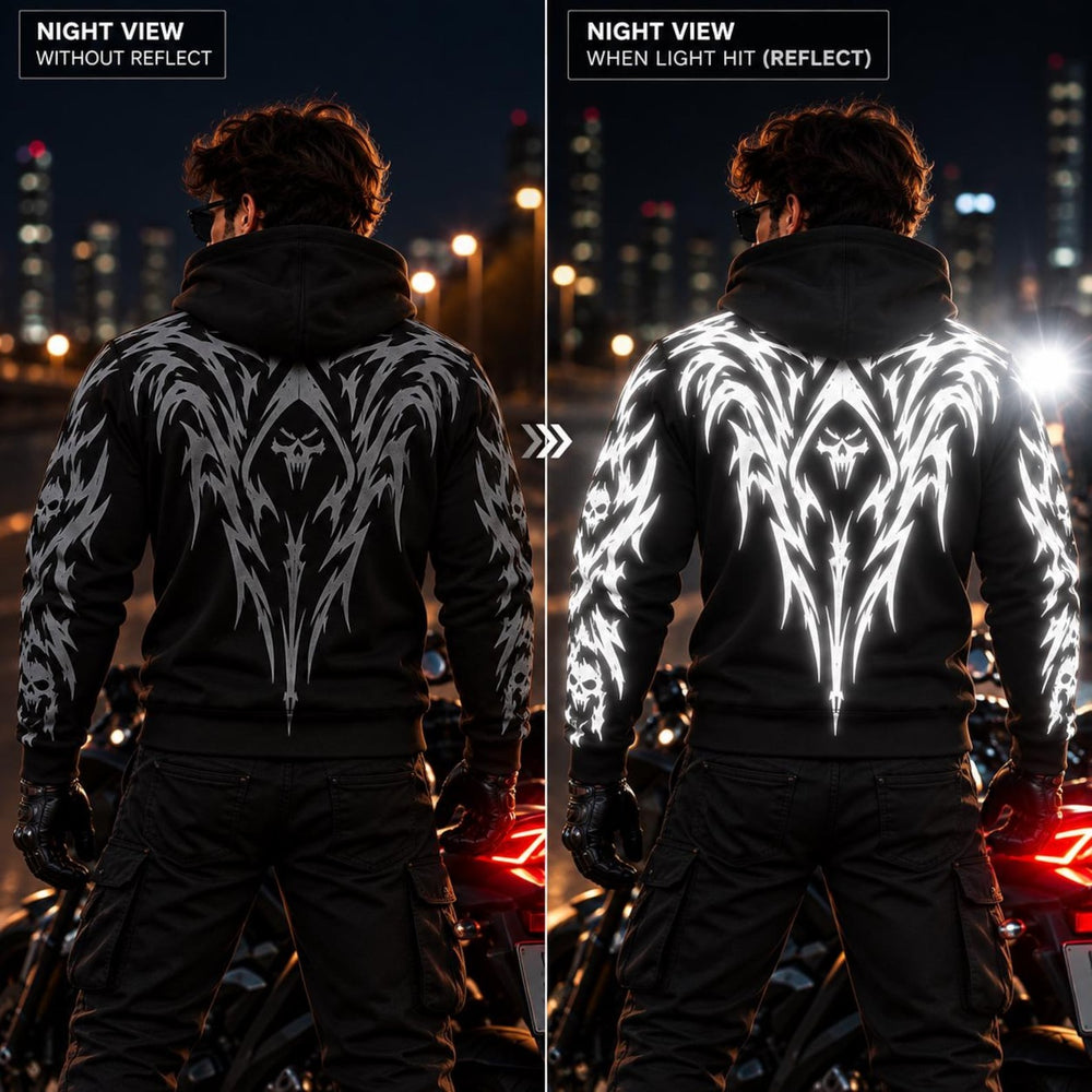 Armored Motorcycle Hoodie with Night Reaper Reflective Silver Skull Pattern