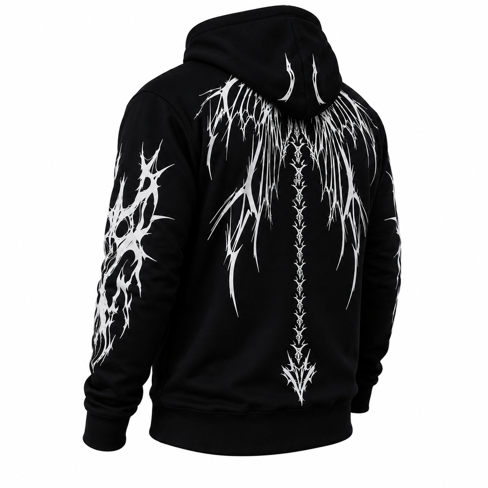 Armored Motorcycle Hoodie with Reflective Dragon Wings Print
