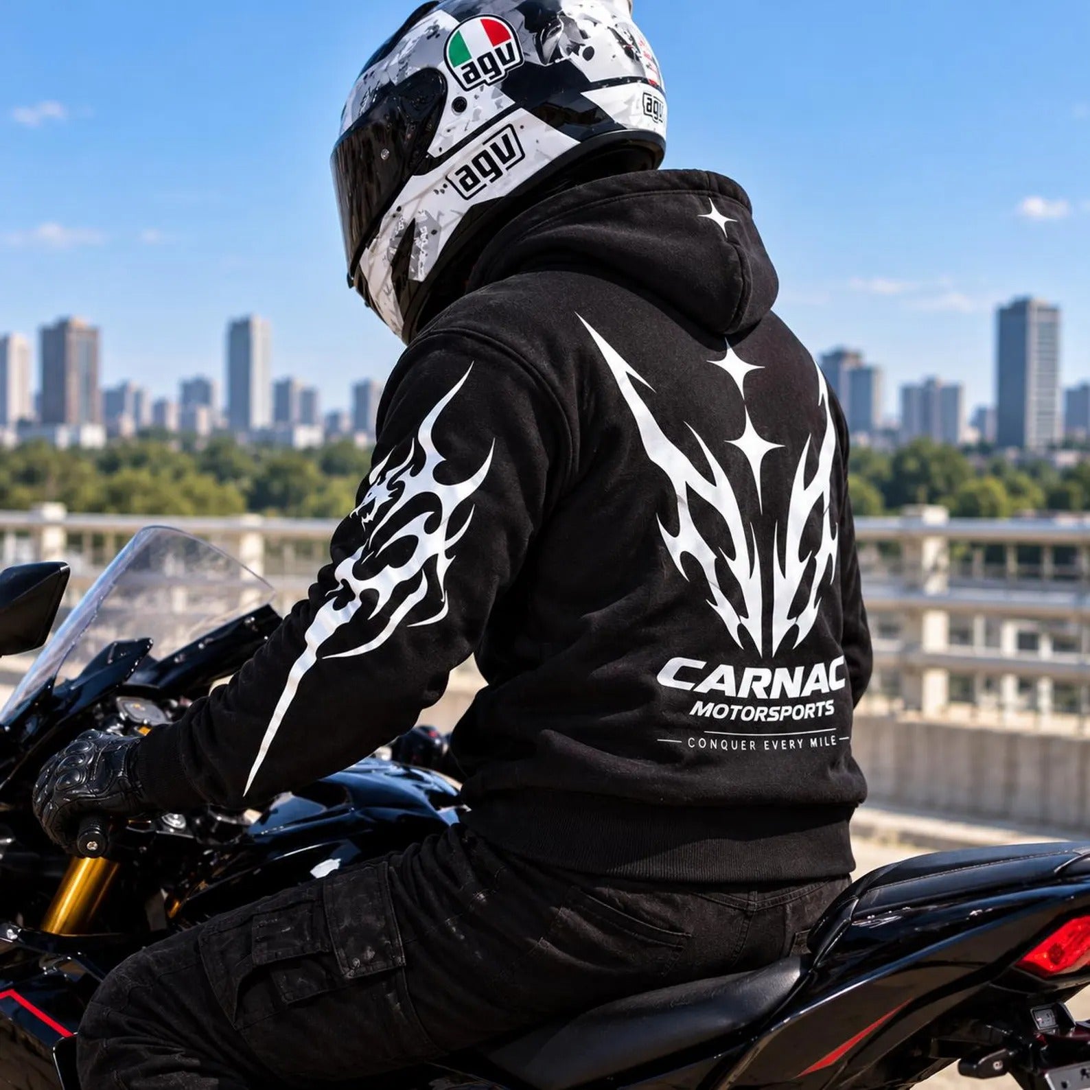 Armored Motorcycle Hoodie with Reflective Tribal Vortex Print, CE Level 2