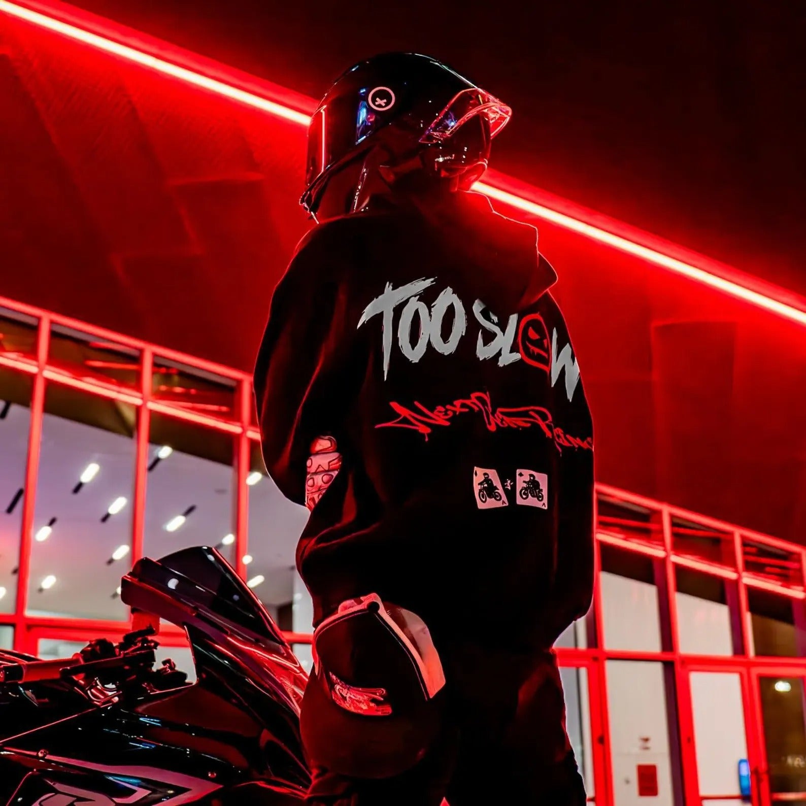 Armored Motorcycle Hoodie with Too Slow Gothic Racing Print