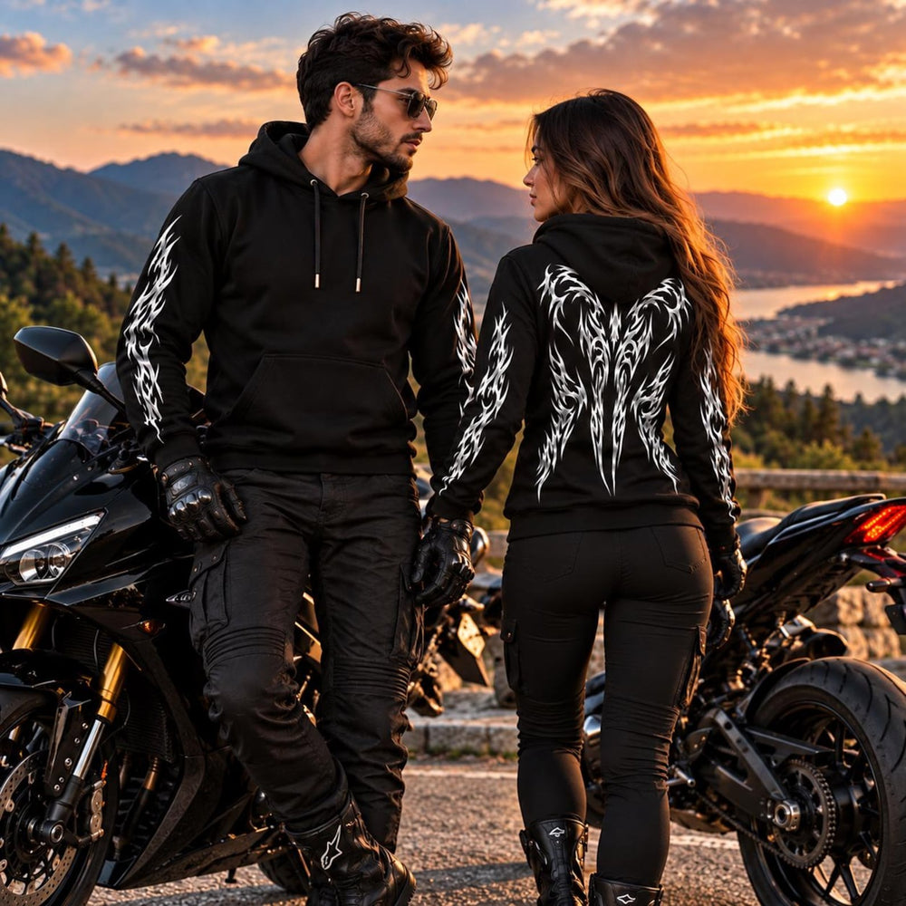 Armored Motorcycle Hoodie in Black with Reflective Tribal Wing Print