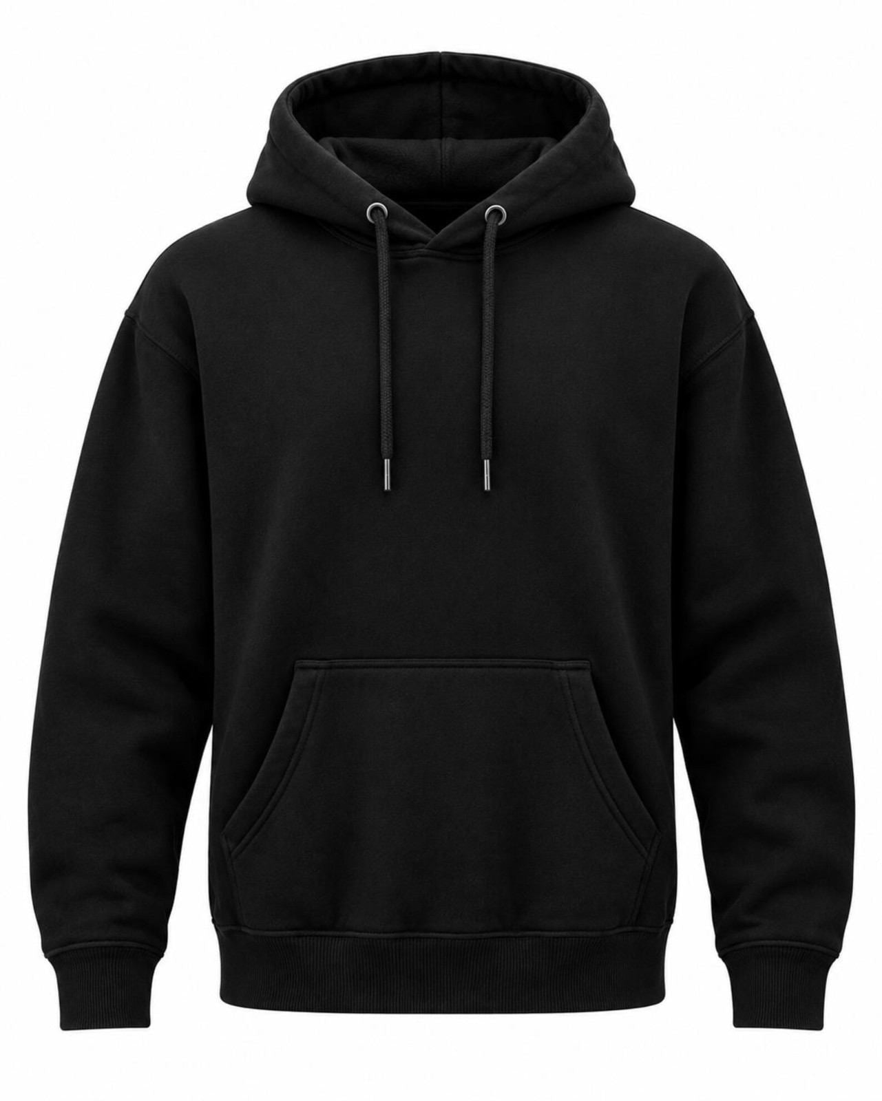 A classic black pullover hoodie with a front kangaroo pocket and matching black drawstrings, shown on a plain white background.