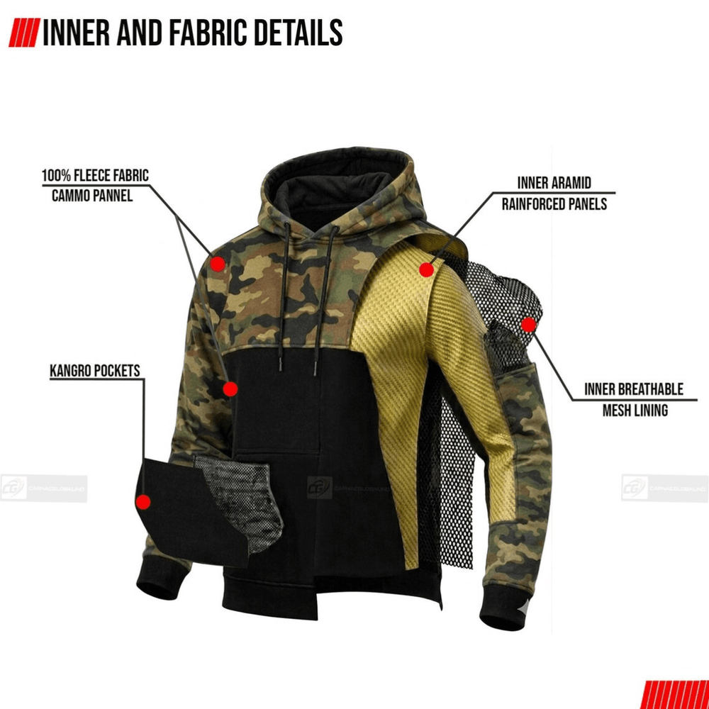Camo Black Kevlar Motorcycle Hoodie with Free Level 2 Back Protector