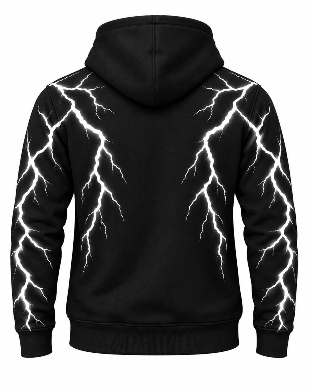 Black pullover hoodie shown from the back, featuring a dramatic white lightning bolt graphic running down both sleeves and across the upper back, set against a plain white background.