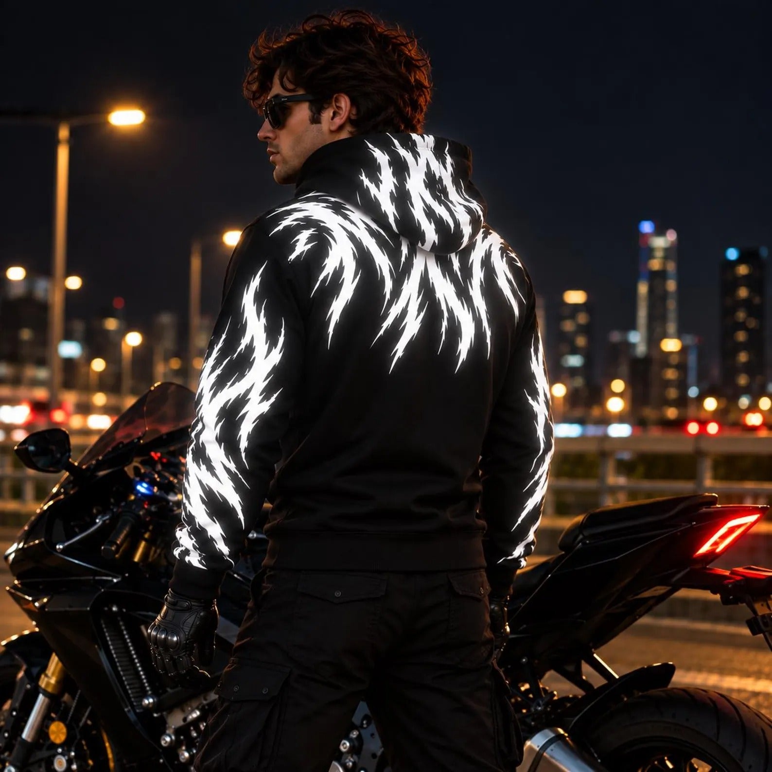 Claw Flame Armored Motorcycle Reflective Hoodie in Black