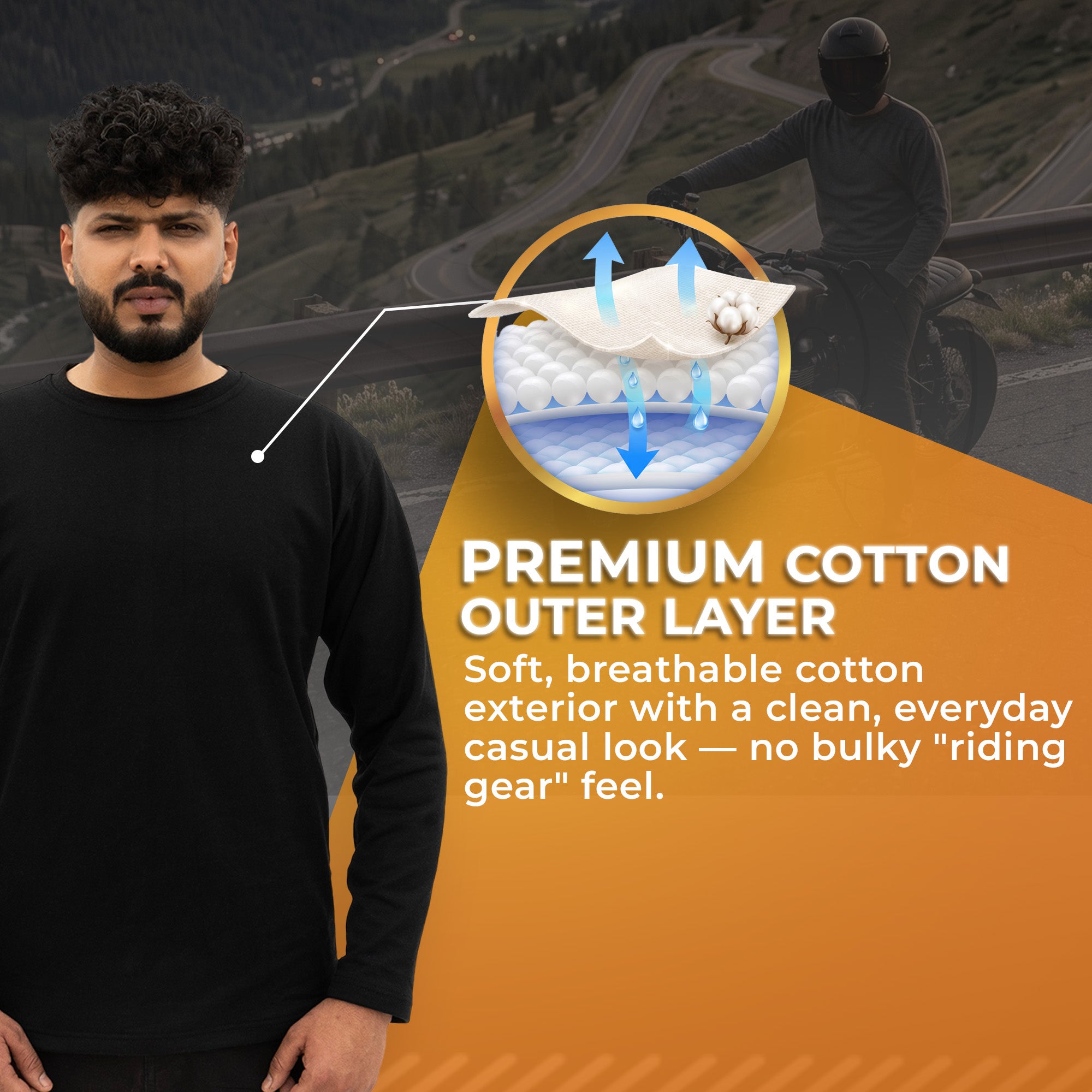 Kevlar Lined Black Long Sleeve Motorcycle Base Layer Shirt