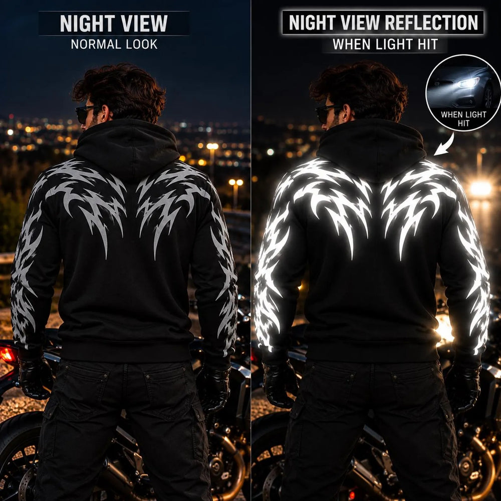 Tribal Predator Armored Motorcycle Hoodie with Reflective Silver Wing Pattern