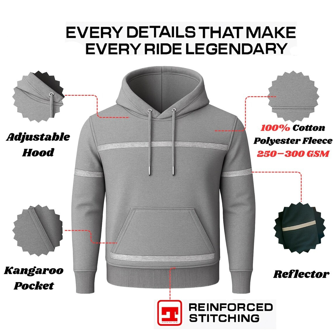 Unisex Reflective Stripe Kevlar Riding Hoodie in Gray with CE Level 2 Armor