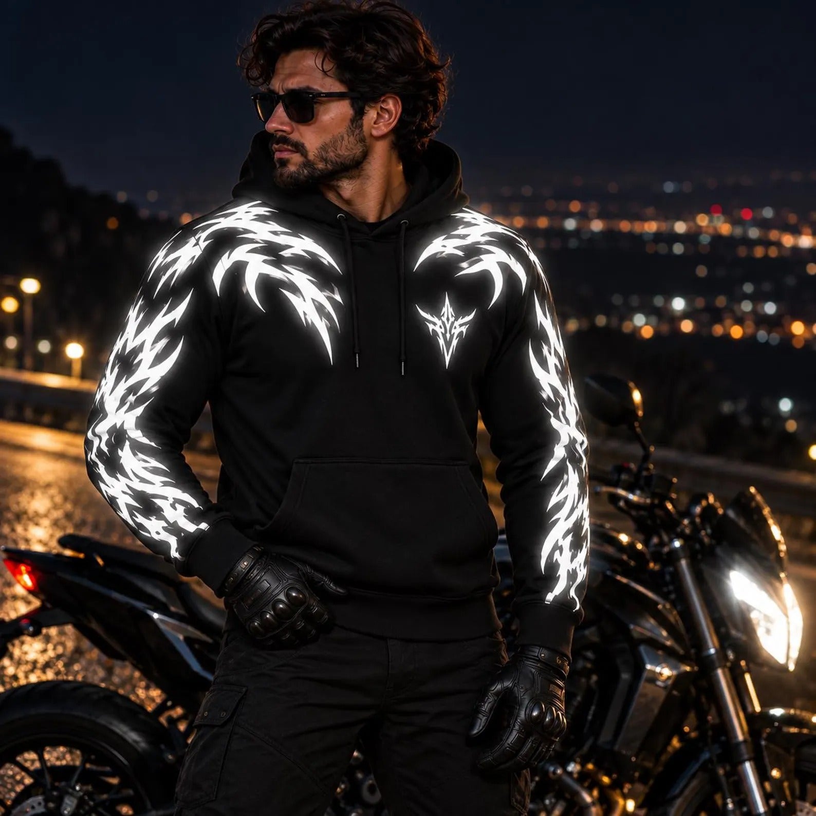 Tribal Predator Armored Motorcycle Hoodie with Reflective Silver Wing Pattern
