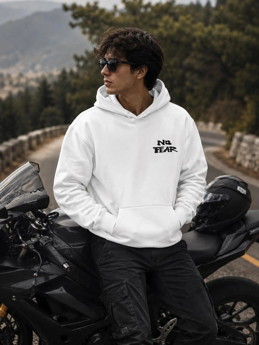 Aramid Kevlar Motorcycle Hoodie in White with No Fear Back Print
