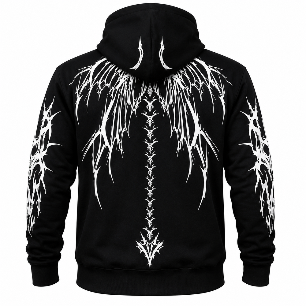 Armored Motorcycle Hoodie with Reflective Dragon Wings Print
