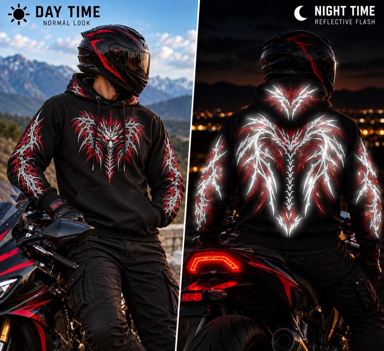 CE Level 2 Armored Motorcycle  Reflective Hoodie with Red Gothic Dragon Wing Print
