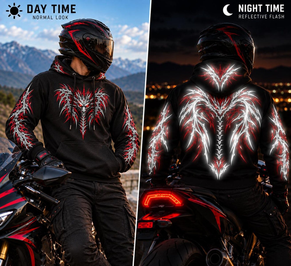 CE Level 2 Armored Motorcycle  Reflective Hoodie with Red Gothic Dragon Wing Print