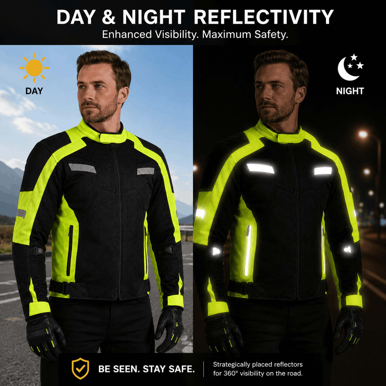 High-Visibility Mesh Motorcycle Jacket in Neon Yellow &amp; Black with CE Armor