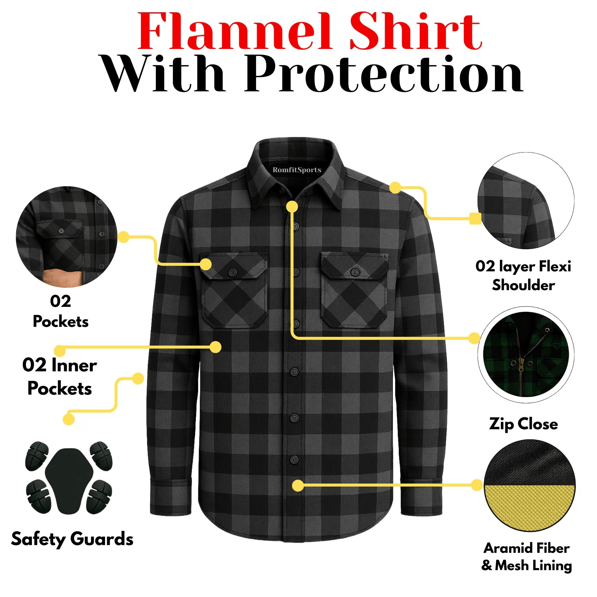 Men's Kevlar Lined Flannel Motorcycle Riding Shirt in Black with Armor