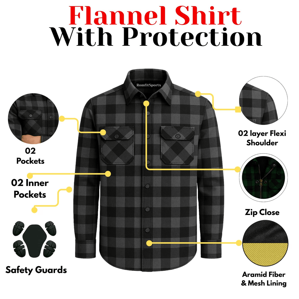 Men's Kevlar Lined Flannel Motorcycle Riding Shirt in Black with Armor