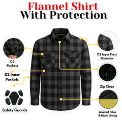 Men's Kevlar Lined Flannel Motorcycle Riding Shirt in Black with Armor