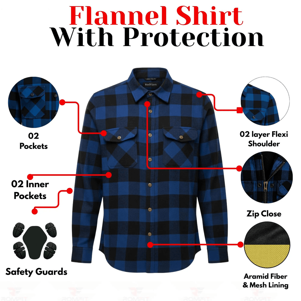 Men's Kevlar-Lined Flannel Motorcycle Riding Shirt in Blue with Armor