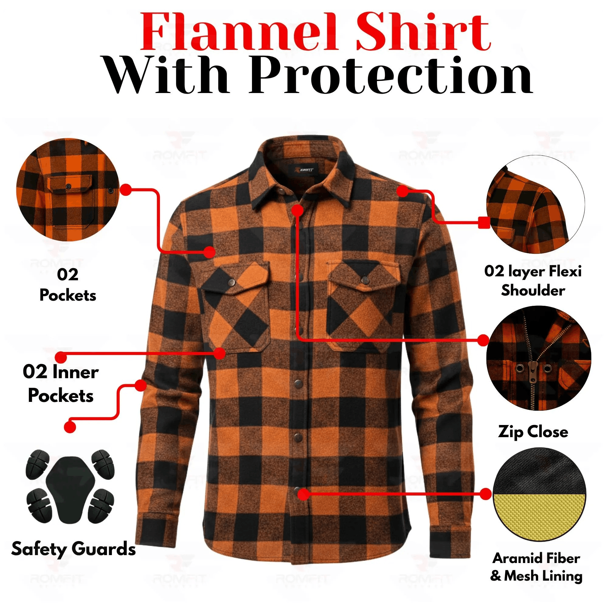 Men's Kevlar-Lined Flannel Motorcycle Riding Shirt in Orange with Armor