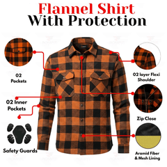Men's Kevlar-Lined Flannel Motorcycle Riding Shirt in Orange with Armor